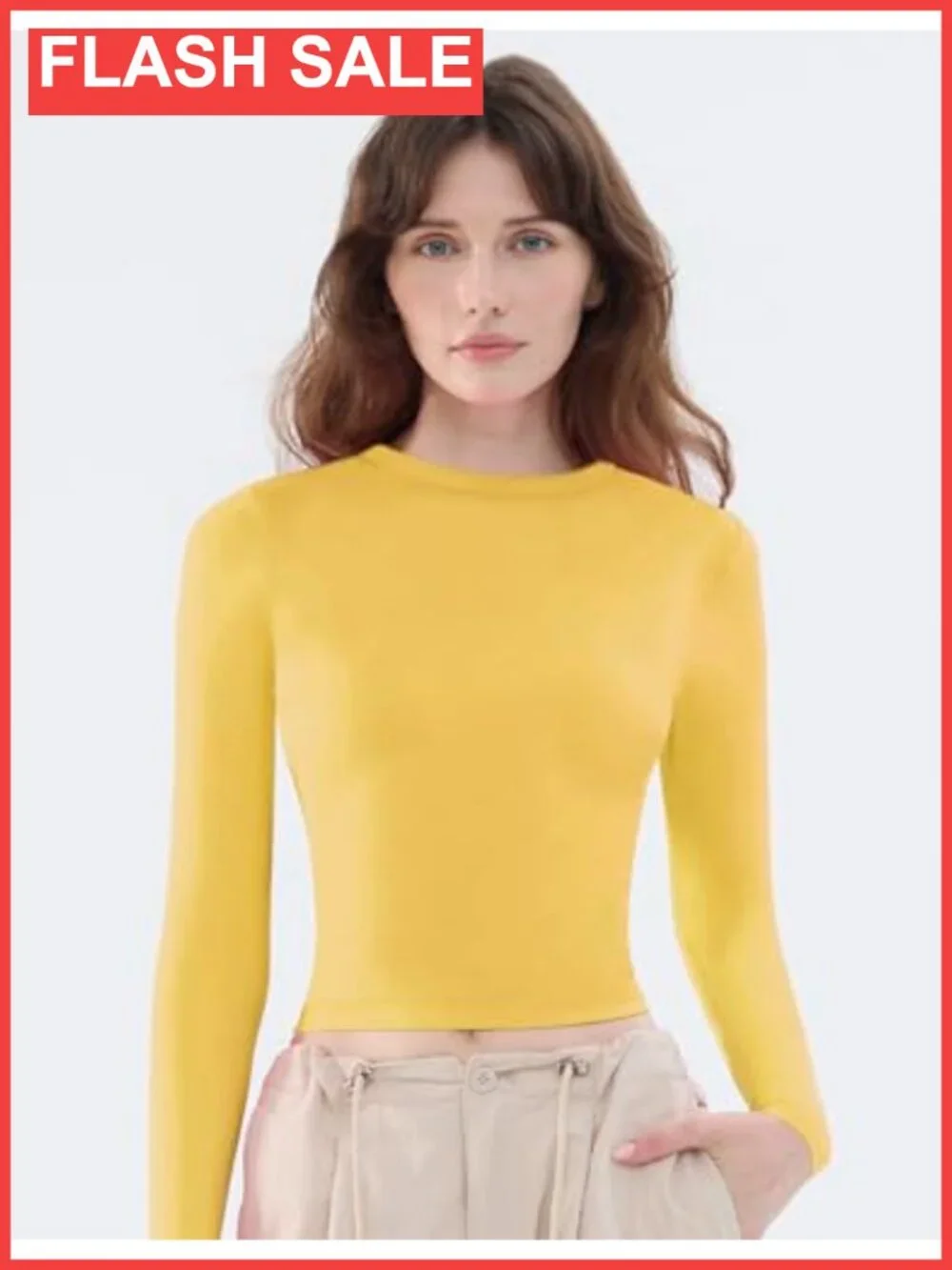 Women's Soft Long Sleeve Crew Neck Crop Top Tee Slim Fit Y2K Basic T-Shirt